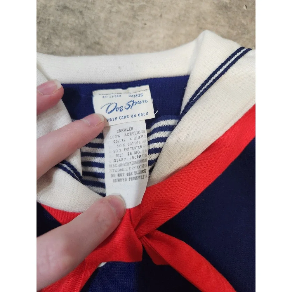 Vintage 70s Dot Spun Sailor Romper Navy Blue‎ Red Tie Anchor Buttons 24 Months